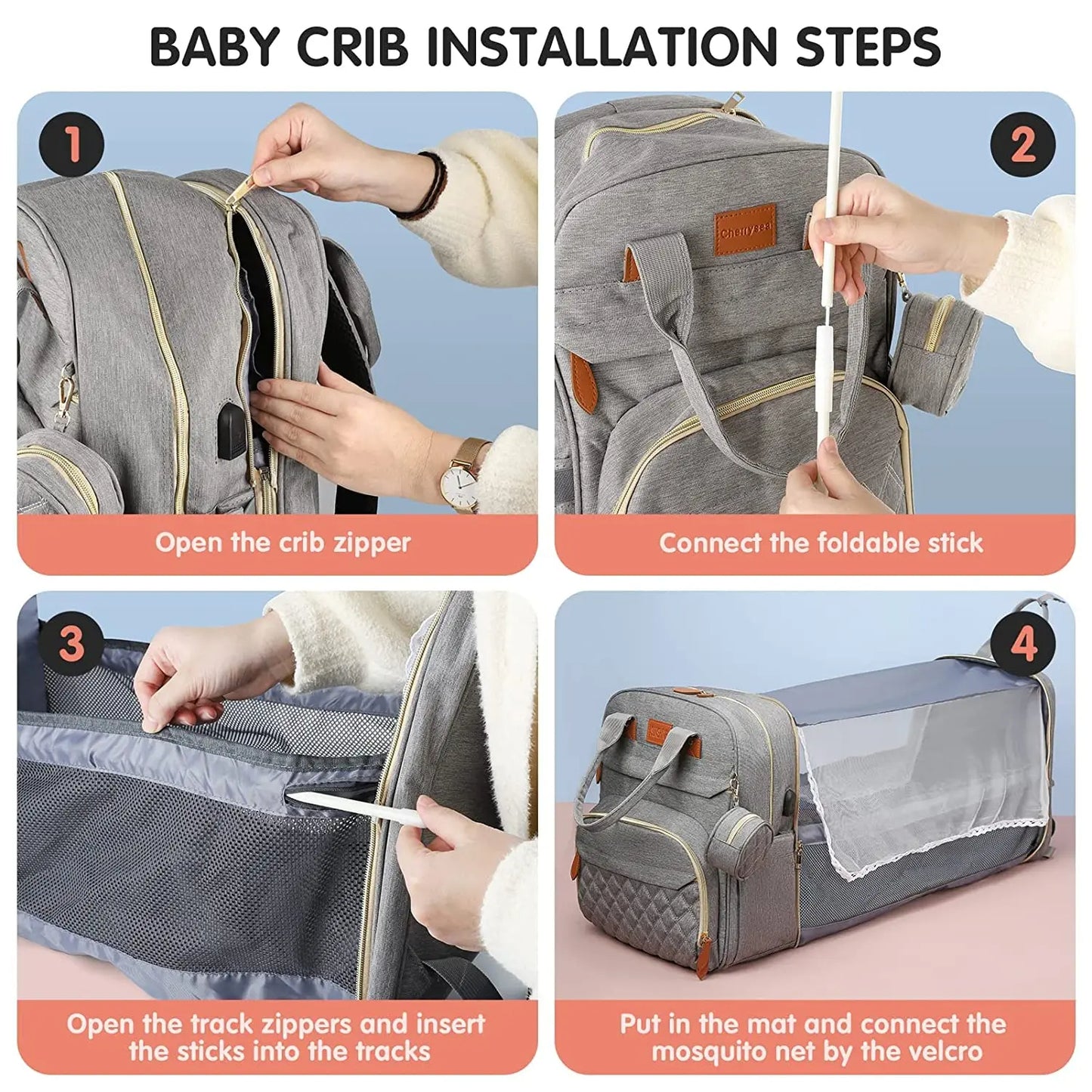 DerJunstar: Mochila Todo en Uno para Bebé con Cuna Portátil y Cargador USB